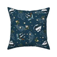 Dark Blue Nautical Sea Creatures Non-directional, Tossed, baby boy, boats, kids, pirate ships, unisex adventure, whale and narwhal, sea turtle hand drawn, baby boy nursery