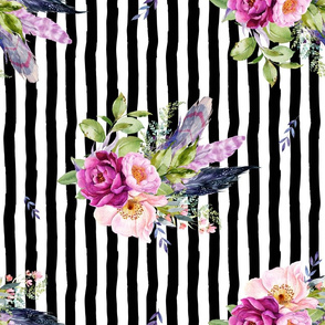 18" Lilac Boho Florals with Feathers - Black & White Stripes 90 degrees