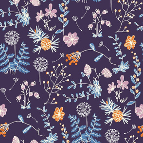 Blue, purple pattern flower pattern, vintage flowers, forest flowers, flowers, flower design, summer pattern, dress pattern, floral pattern, plants, natural design, natural pattern, wild plants, wild flowers.