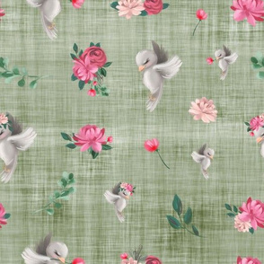 pink bird green linen