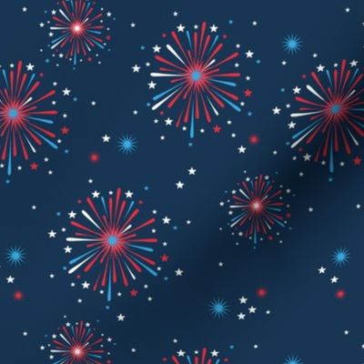 Happy 2024 - Happy new year celebration fireworks and stars party night navy blue red usa