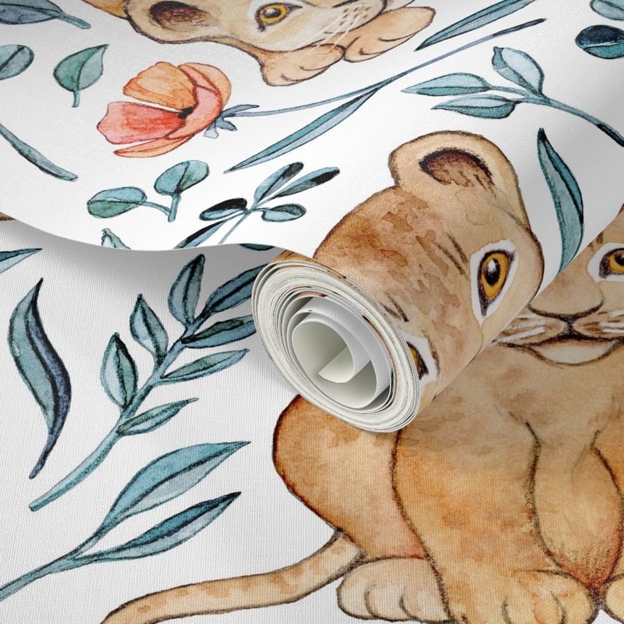 Lazy Lion Cubs and Pretty Poppies on White - Large