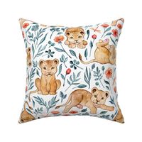 Lazy Lion Cubs and Pretty Poppies on White - Large