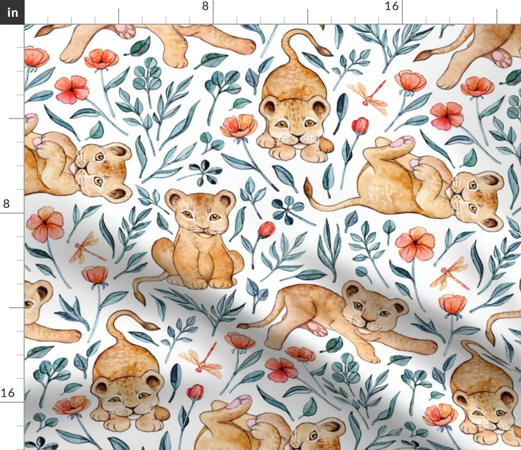 Lazy Lion Cubs and Pretty Poppies on White - Large