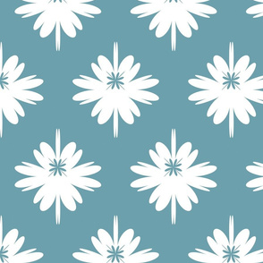 bright spring glade, summer meadow with blooming white flowers stylish and trendy arge graphic with exotic flowers, big plant in white and blue simplified flower pattern