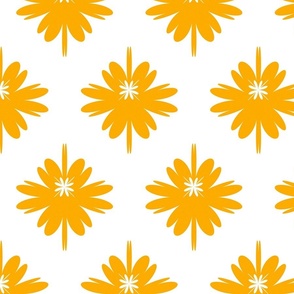 Sunny big  flower, spring pattern with yellow flowers on white background, bright trendy large graphic, female floral pattern, summer blooming geometric flowers