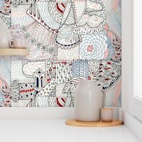 create room wallpaper design entry, large scale, non-directional, black white blue red 