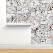 create room wallpaper design entry, large scale, non-directional, black white blue red 