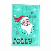 'Tis The Season Retro Santa Christmas Tea Towel - Aqua Multi