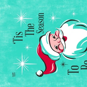 'Tis The Season Retro Santa Christmas Tea Towel - Aqua Multi