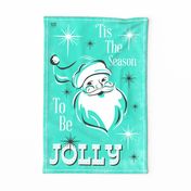 'Tis The Season Retro Santa Christmas Tea Towel - Aqua and White