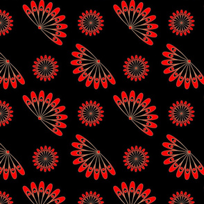 art deco flowers, geometric flowers, red black, bright, Spanish fan, graphic pattern, flowers, statement, decorative, dramatic, spanish, contrast colors, black background, folk ornament, art deco