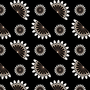 white flowers, graphic pattern, art deco flowers, geometric flowers, fans , statement, decorative, contrast colors, black white, black background, folk ornament, bohemian, floral pattern