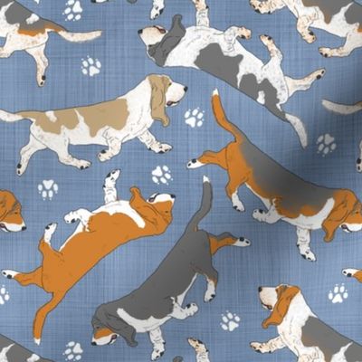 Trotting Basset hounds and paw prints - faux denim