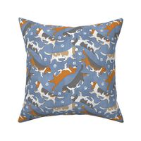 Trotting Basset hounds and paw prints - faux denim