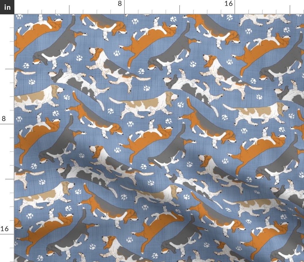 Trotting Basset hounds and paw prints - faux denim