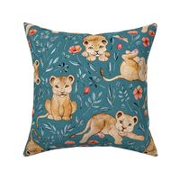 Lazy Lion Cubs and Peach Poppies on Teal Blue Linen - Large