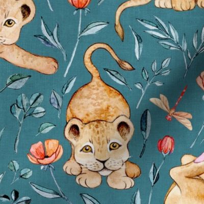 Lazy Lion Cubs and Peach Poppies on Teal Blue Linen - Large