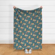 Lazy Lion Cubs and Peach Poppies on Teal Blue Linen - Large