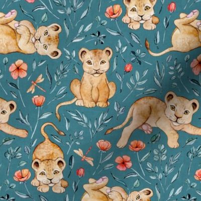 Lazy Lion Cubs and Peach Poppies on Teal Blue Linen - Medium