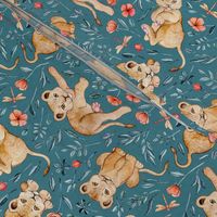 Lazy Lion Cubs and Peach Poppies on Teal Blue Linen - Medium