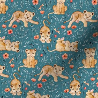 Lazy Lion Cubs and Peach Poppies on Teal Blue Linen - Small