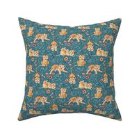 Lazy Lion Cubs and Peach Poppies on Teal Blue Linen - Small