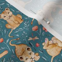 Lazy Lion Cubs and Peach Poppies on Teal Blue Linen - Small