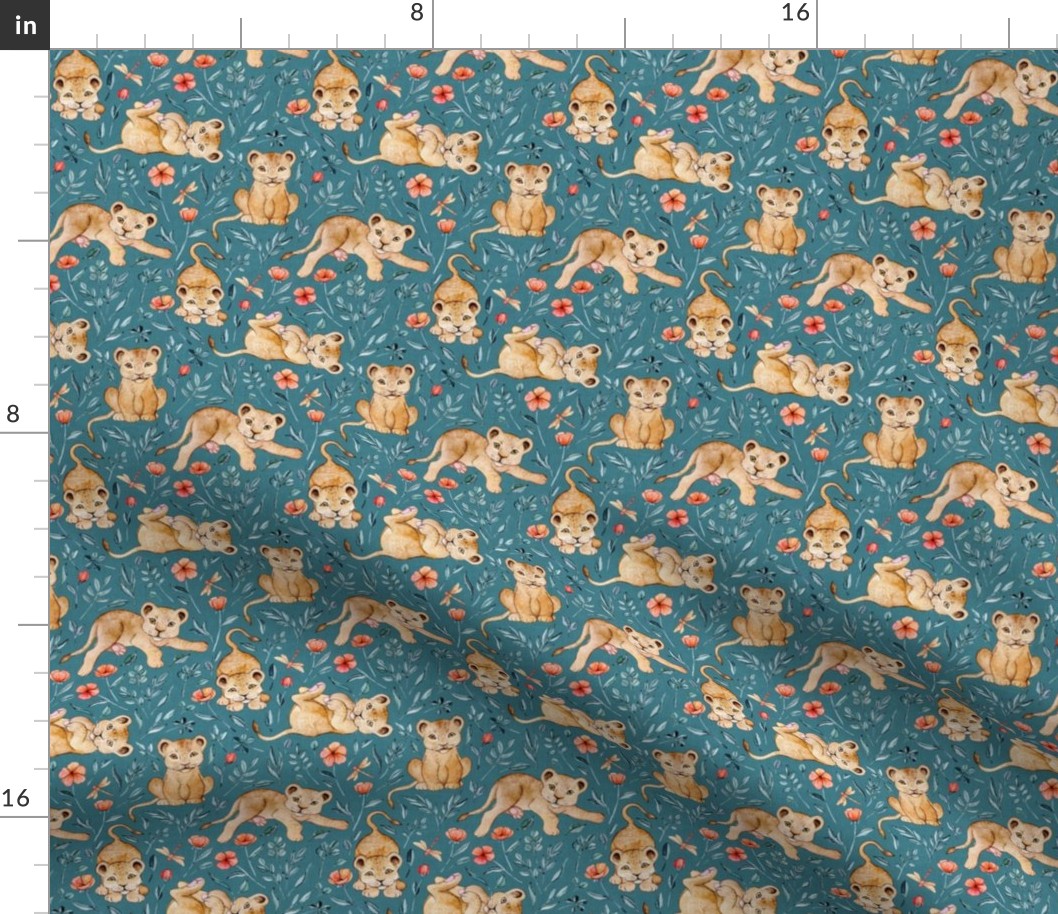 Lazy Lion Cubs and Peach Poppies on Teal Blue Linen - Small