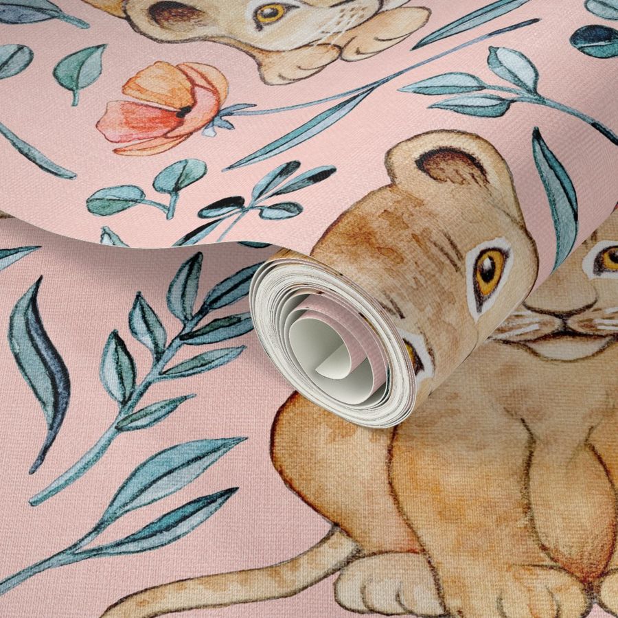 Cute Cubs and Pretty Poppies on Pastel Pink Linen - Large