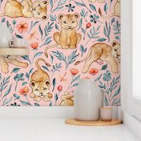 Cute Cubs and Pretty Poppies on Pastel Pink Linen - Large