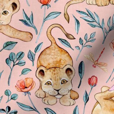 Cute Cubs and Pretty Poppies on Pastel Pink Linen - Large