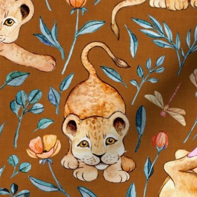 Little Lion Cubs with Peach Poppies on Rust Brown - large