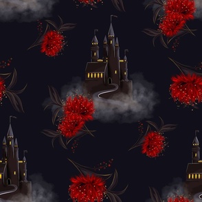 Black castle and magic flower. Castle, red flower, fantasy, fairy tale, Halloween, black and red, black castle, witch, magic, adventure, childrens design, night, scary.