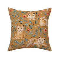 Lazy Lion Cubs with Peach Poppies on Caramel Linen - Large
