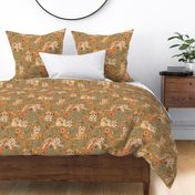 Lazy Lion Cubs with Peach Poppies on Caramel Linen - Large