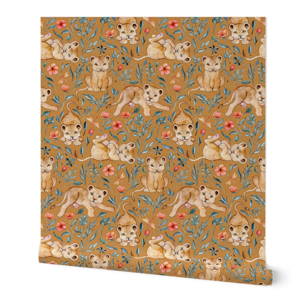 Lazy Lion Cubs with Peach Poppies on Caramel Linen - Medium