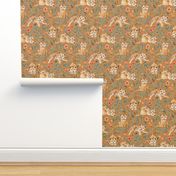 Lazy Lion Cubs with Peach Poppies on Caramel Linen - Medium