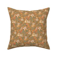 Lazy Lion Cubs with Peach Poppies on Caramel Linen - Small
