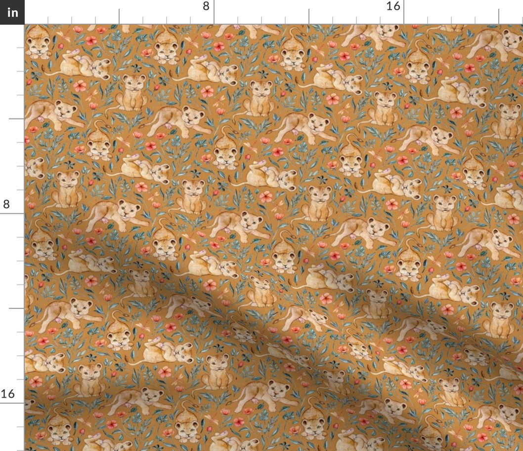 Lazy Lion Cubs with Peach Poppies on Caramel Linen - Small