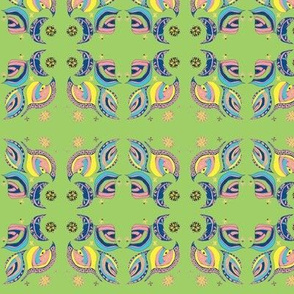 Blue, Pink and Yellow Abstract Fish Mirror Design on Green Background