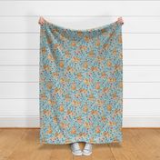 Cute Cubs with Coral Poppies on Light Blue Linen - Large