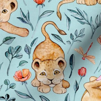 Cute Cubs with Coral Poppies on Light Blue Linen - Large