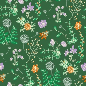Floral, floral pattern, floral design, forest flowers, wild plants, wild flowers, wild bloom, green, green plants, plants, blooming flowers, summer flowers, bright flowers. 