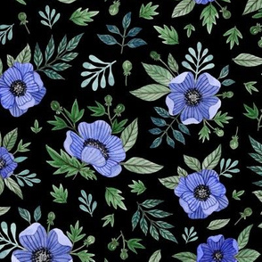 blue flowers with green leaves on black