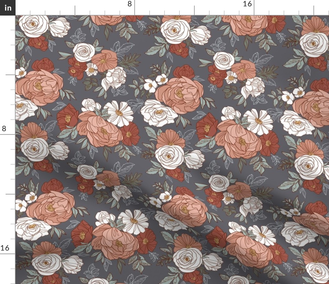 Small Scale / Pastel Rose Garden / Stone Grey Background 