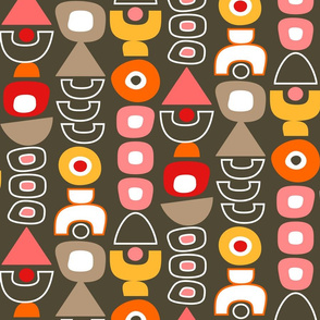 Mid Century Modern Retro Shapes // Dark Brown, Coral, Pink, Orange, Red, Yellow, Taupe, White // V1