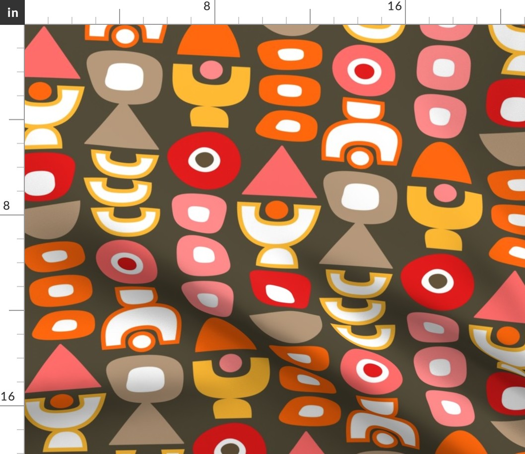 Mid Century Modern Retro Shapes // Dark Brown, Coral, Pink, Orange, Red, Yellow, Taupe, White // V2