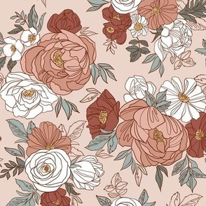 Small Scale / Pastel Rose Garden / Blush Background 