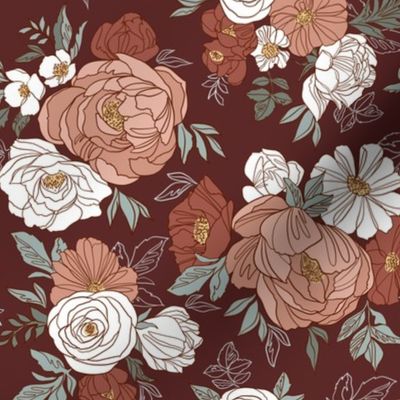 Small Scale / Pastel Rose Garden / Burgundy Background 